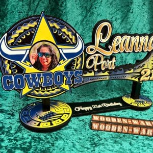 Cowboy-themed woodenwares art in yellow and blue