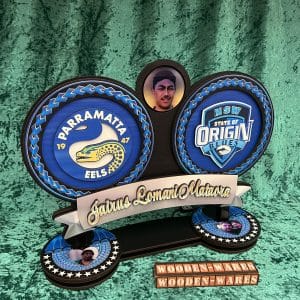 Blue sports-themed wooden design