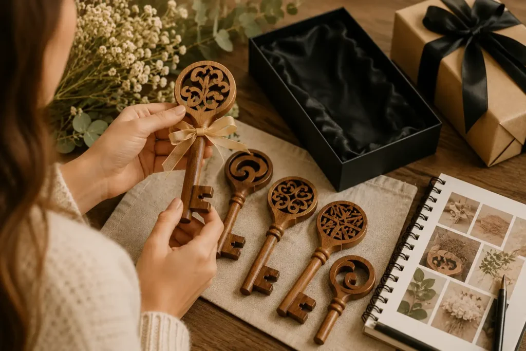 Person comparing handcrafted wooden birthday key styles beside gift packaging and a design inspiration notebook.