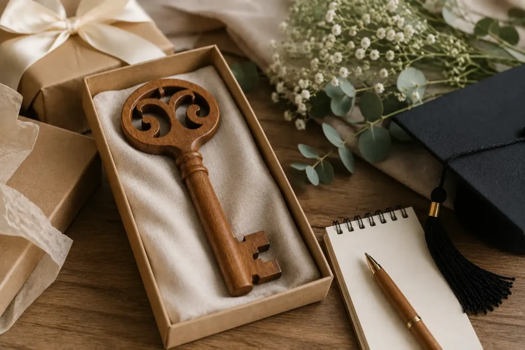 Wooden 21st birthday key in a gift box beside a buying checklist and graduation cap.