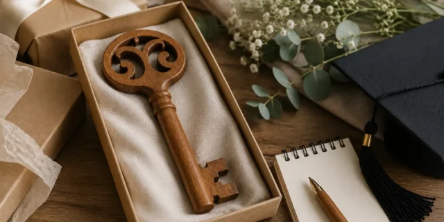 Wooden 21st birthday key in a gift box beside a buying checklist and graduation cap.