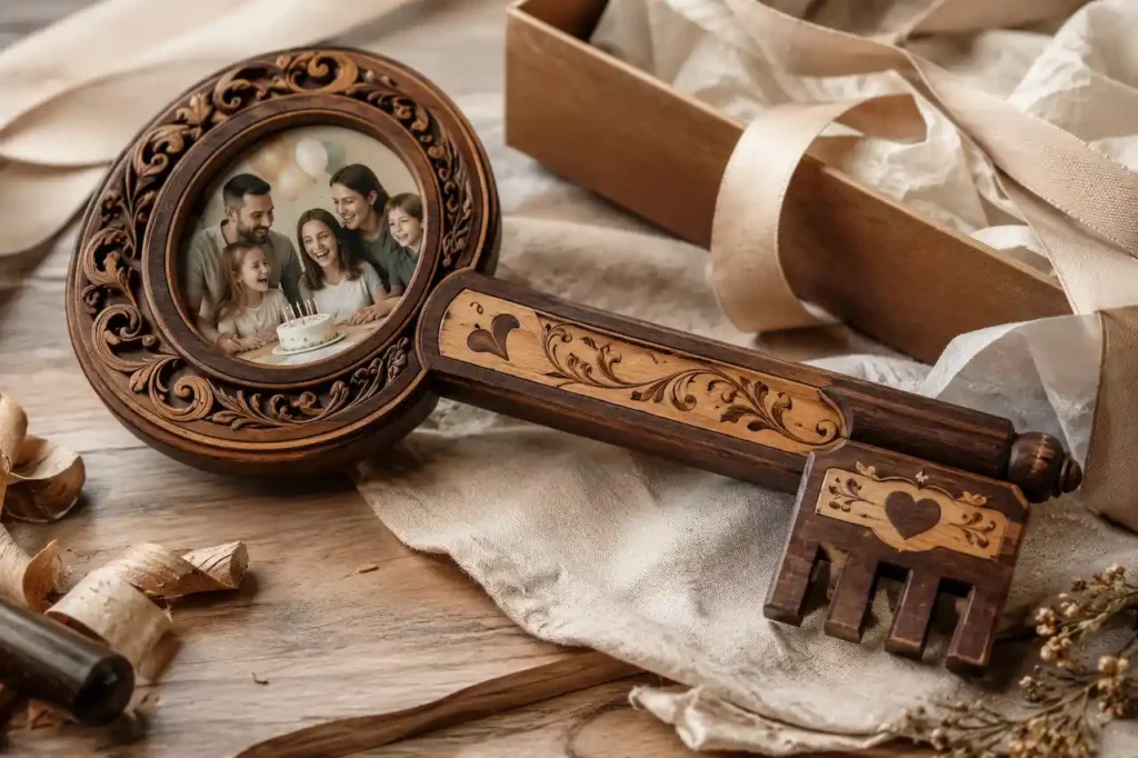 Custom handcrafted wooden birthday key with personalised photo, carved details and gift packaging