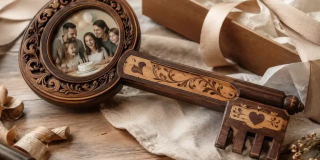 Custom handcrafted wooden birthday key with personalised photo, carved details and gift packaging