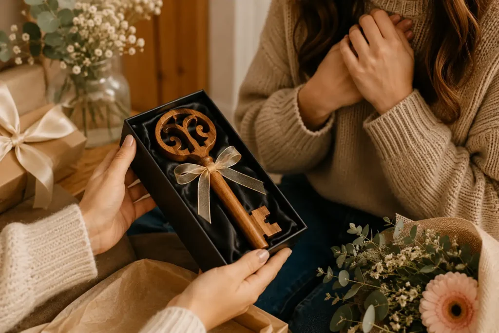 Wooden birthday key presented in a gift box during a warm and meaningful celebration moment.