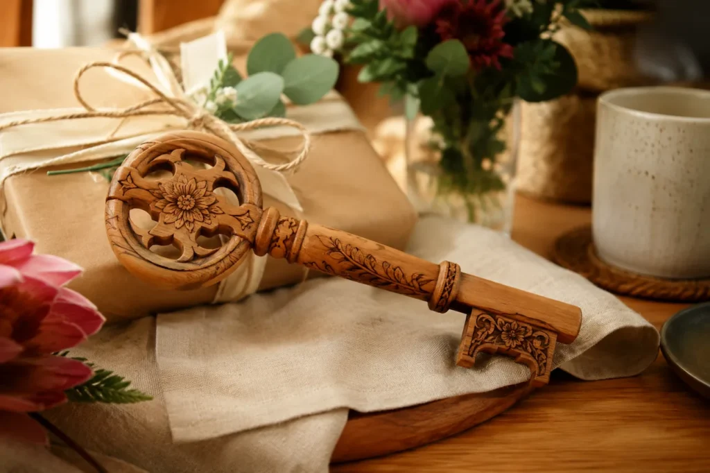 Handcrafted wooden birthday key displayed on a table in a warm home setting with natural decor.