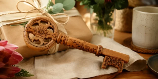 Handcrafted wooden birthday key displayed on a table in a warm home setting with natural decor.