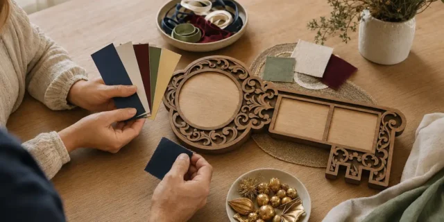 Family comparing colour samples beside a handcrafted wooden birthday key