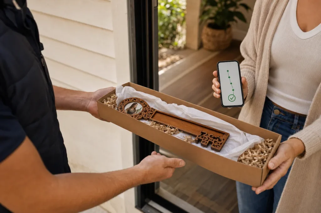Custom wooden birthday key arriving safely in protective packaging with delivery tracking