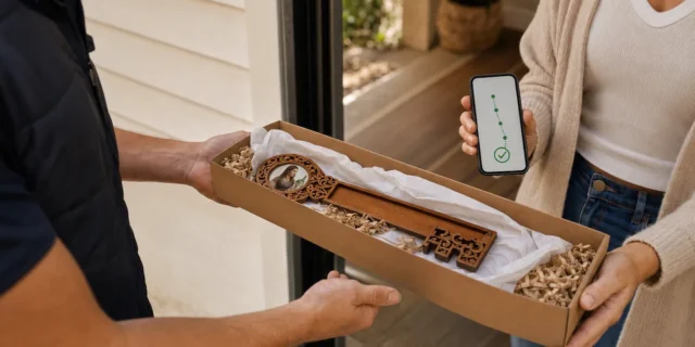 Custom wooden birthday key arriving safely in protective packaging with delivery tracking