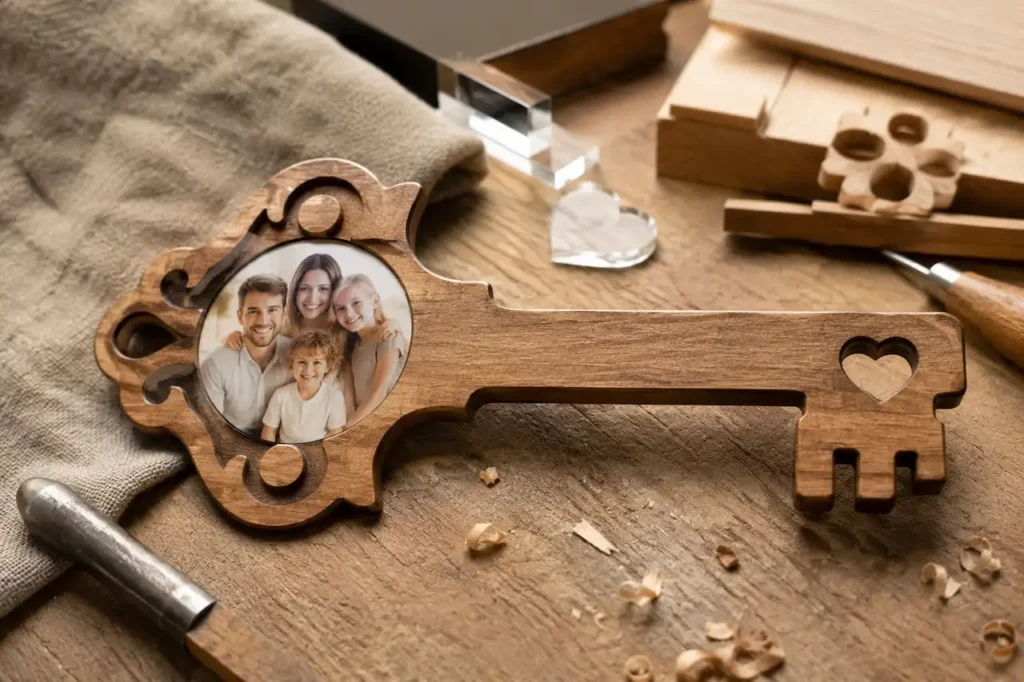 Wooden birthday key with a family photo insert on a workshop bench with carving tools