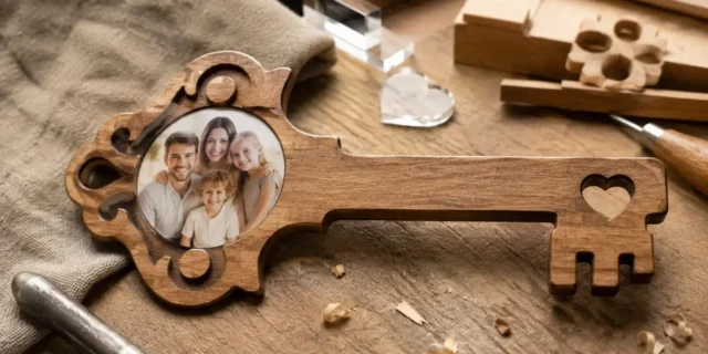 Wooden birthday key with a family photo insert on a workshop bench with carving tools