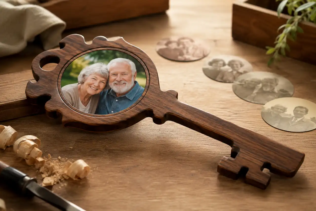 Wooden birthday key with a clear photo insert beside faded photo samples on a workshop table
