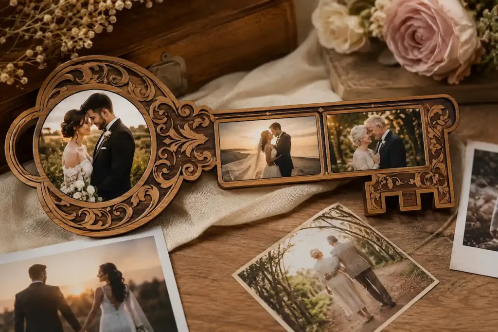 Custom wooden key displaying wedding and anniversary photos beside flowers and printed memories