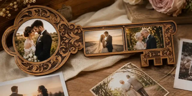 Custom wooden key displaying wedding and anniversary photos beside flowers and printed memories